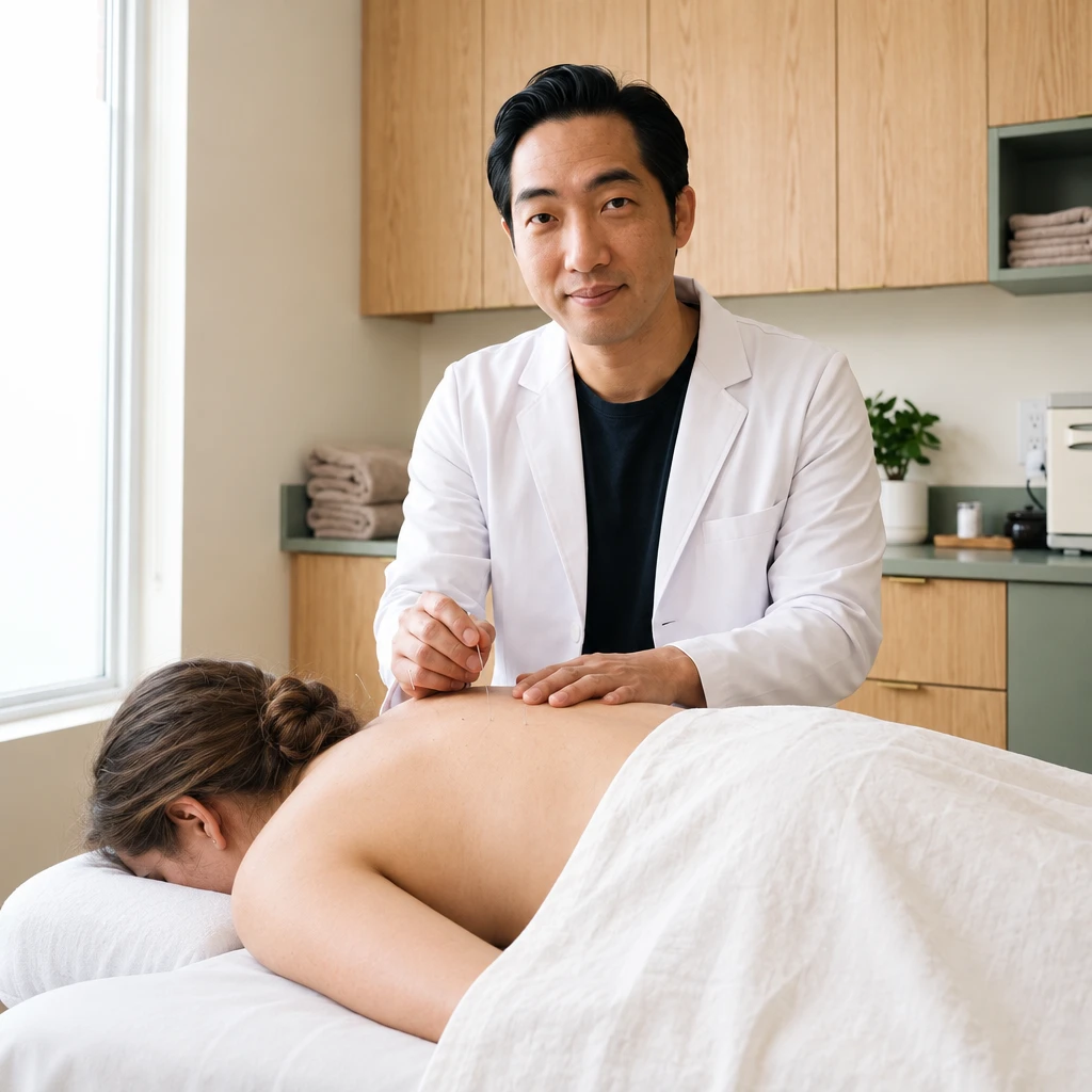 Acupuncturist placing fine needles on an adult woman's upper back in a clinical treatment room