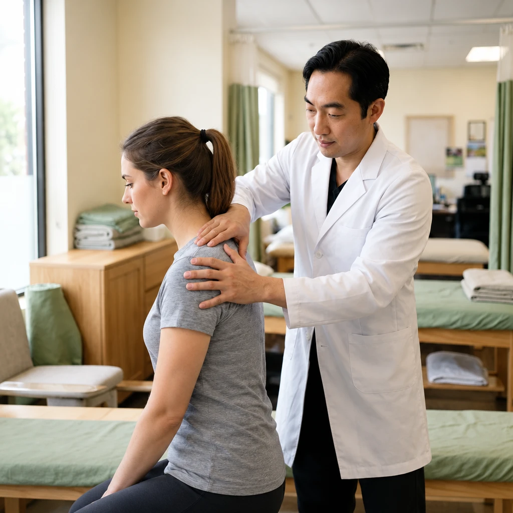 Practitioner treating an adult woman's shoulder