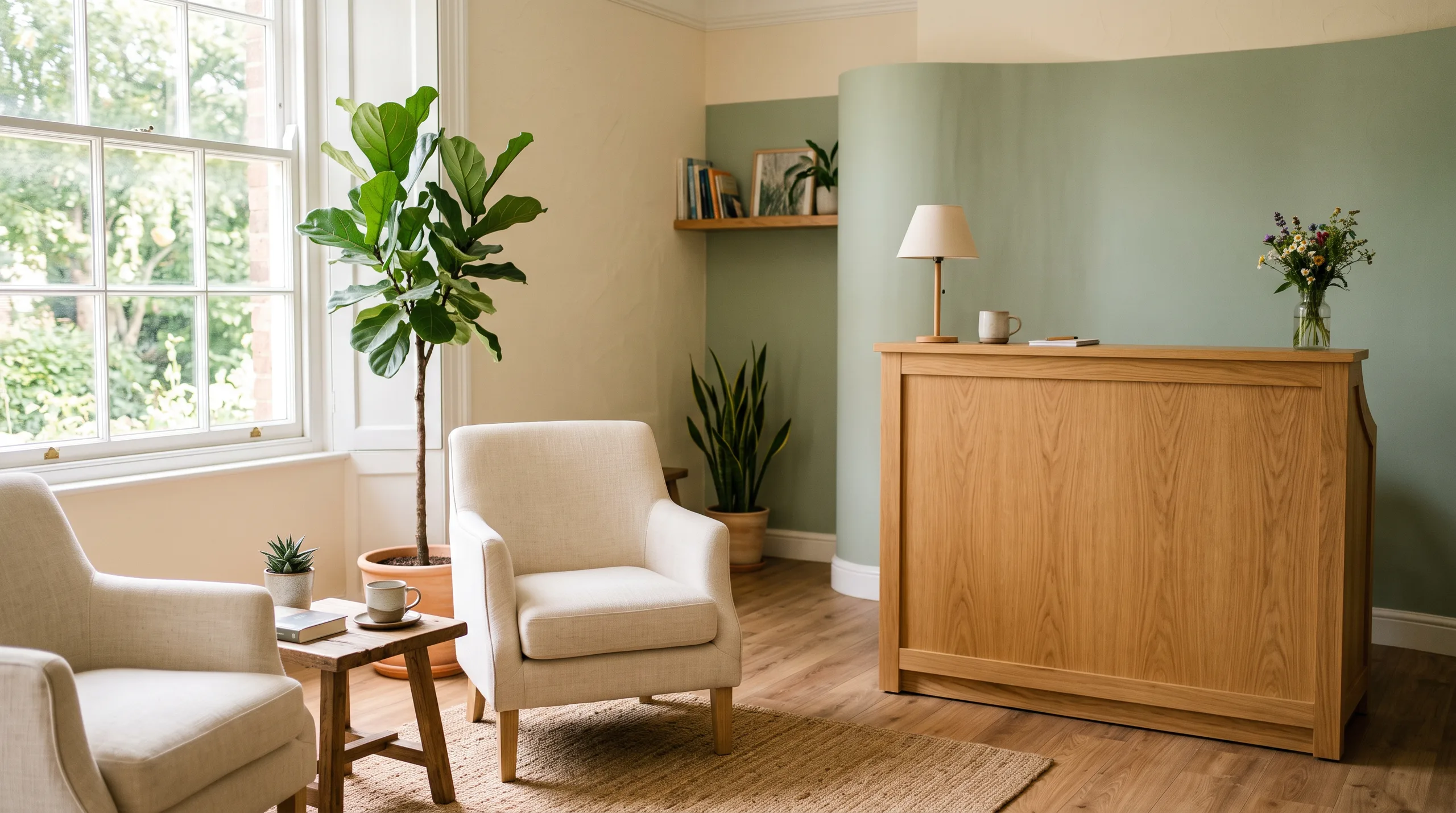 Warm reception and waiting area of My Body Story Acupuncture & Conditioning Center