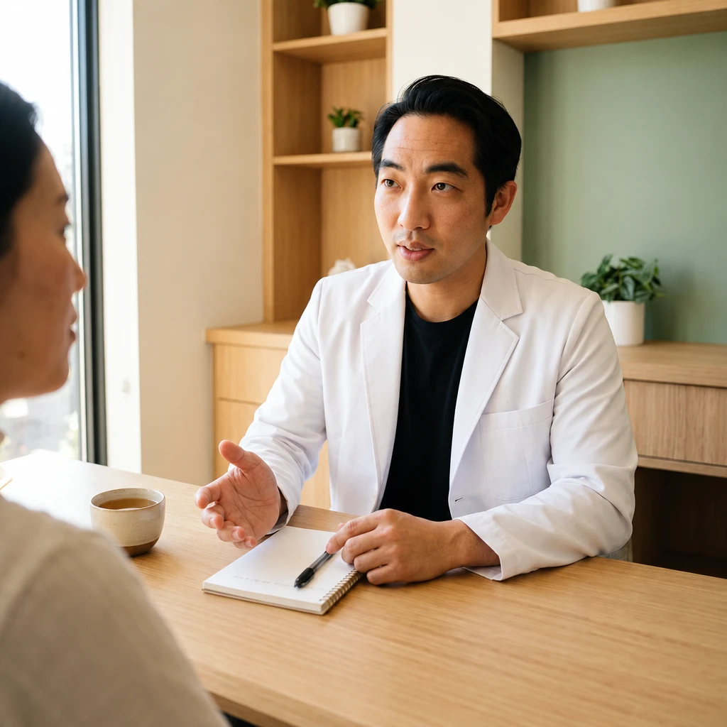Acupuncturist consulting with a patient across a desk at the clinic