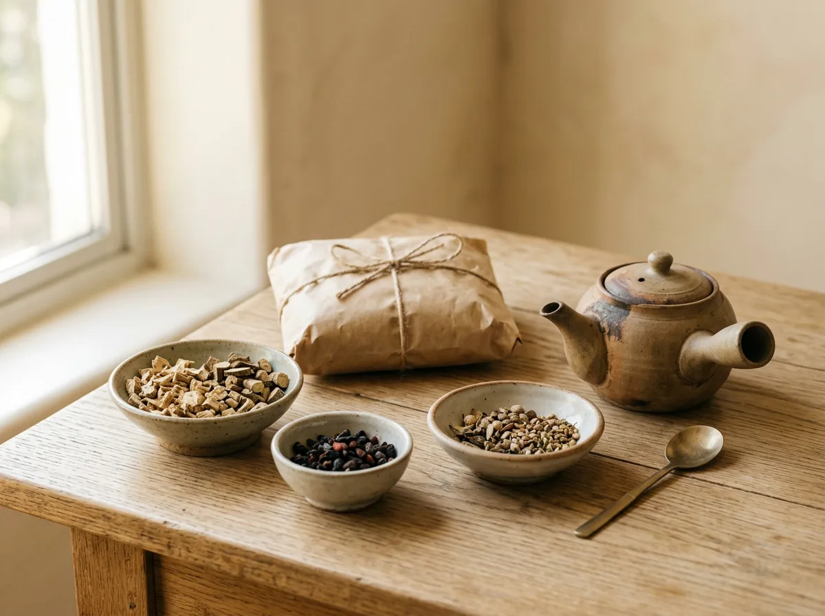 Traditional Korean herbal medicine: dried herbs in ceramic bowls and a wrapped decoction