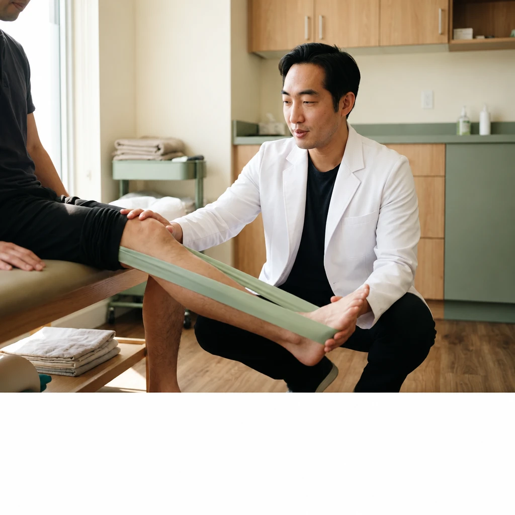 Rehabilitation session for a knee injury using a resistance band