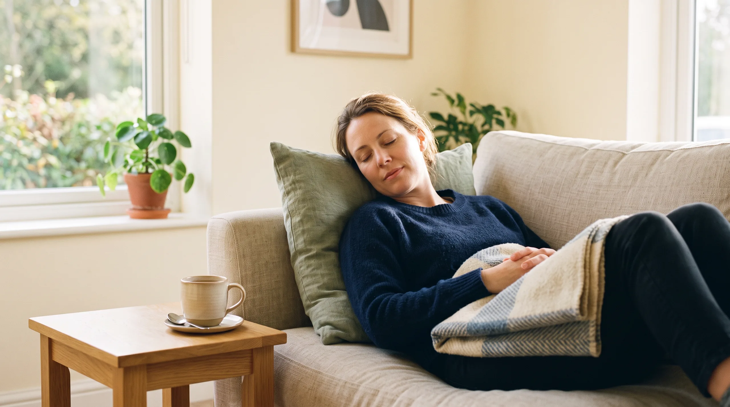 A mother resting on a sofa in a warm, quiet clinic room