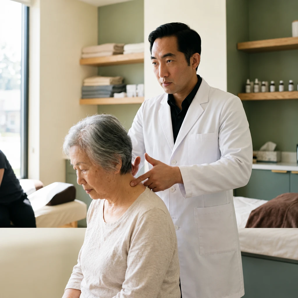 Practitioner releasing tension along a seated patient's neck and shoulders