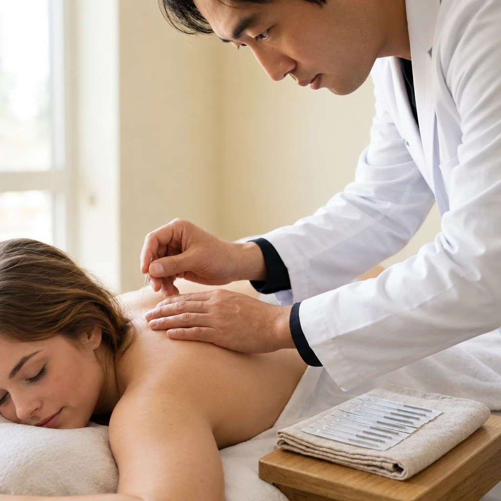 Acupuncturist treating an adult woman with upper-back acupuncture